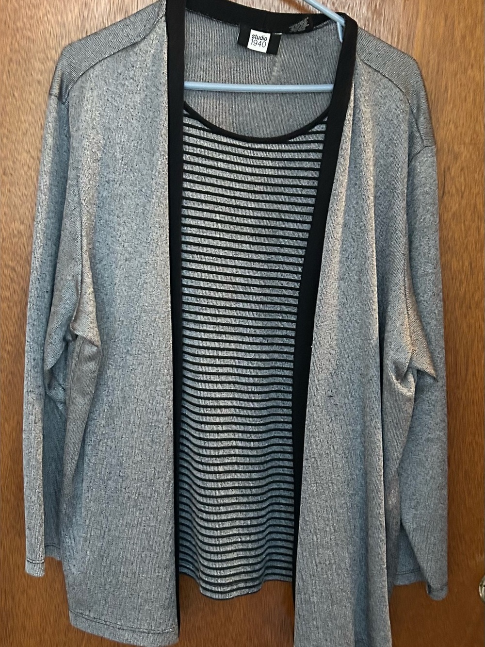 Studio 1940 Gray Cardigan with Black-Trim Striped Tank